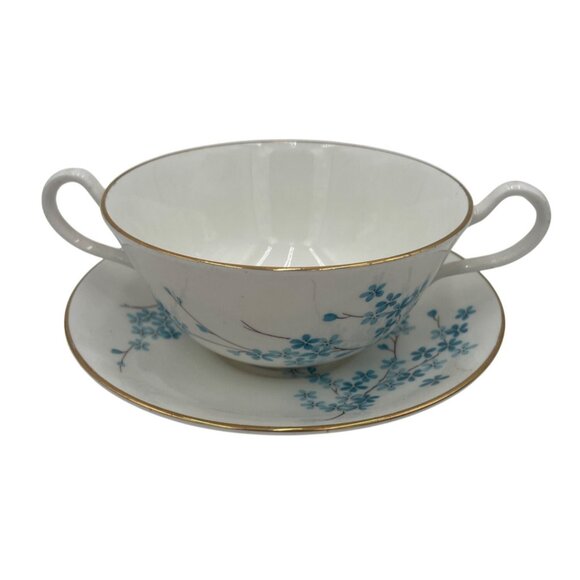 Berkshire English Bone China Blue Floral Double Handle Soup Bowl & Saucer Set - Picture 1 of 7